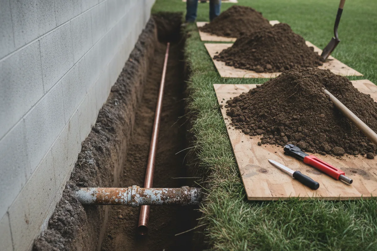 Excavated water line trench during Water Heater Repair in Randallstown